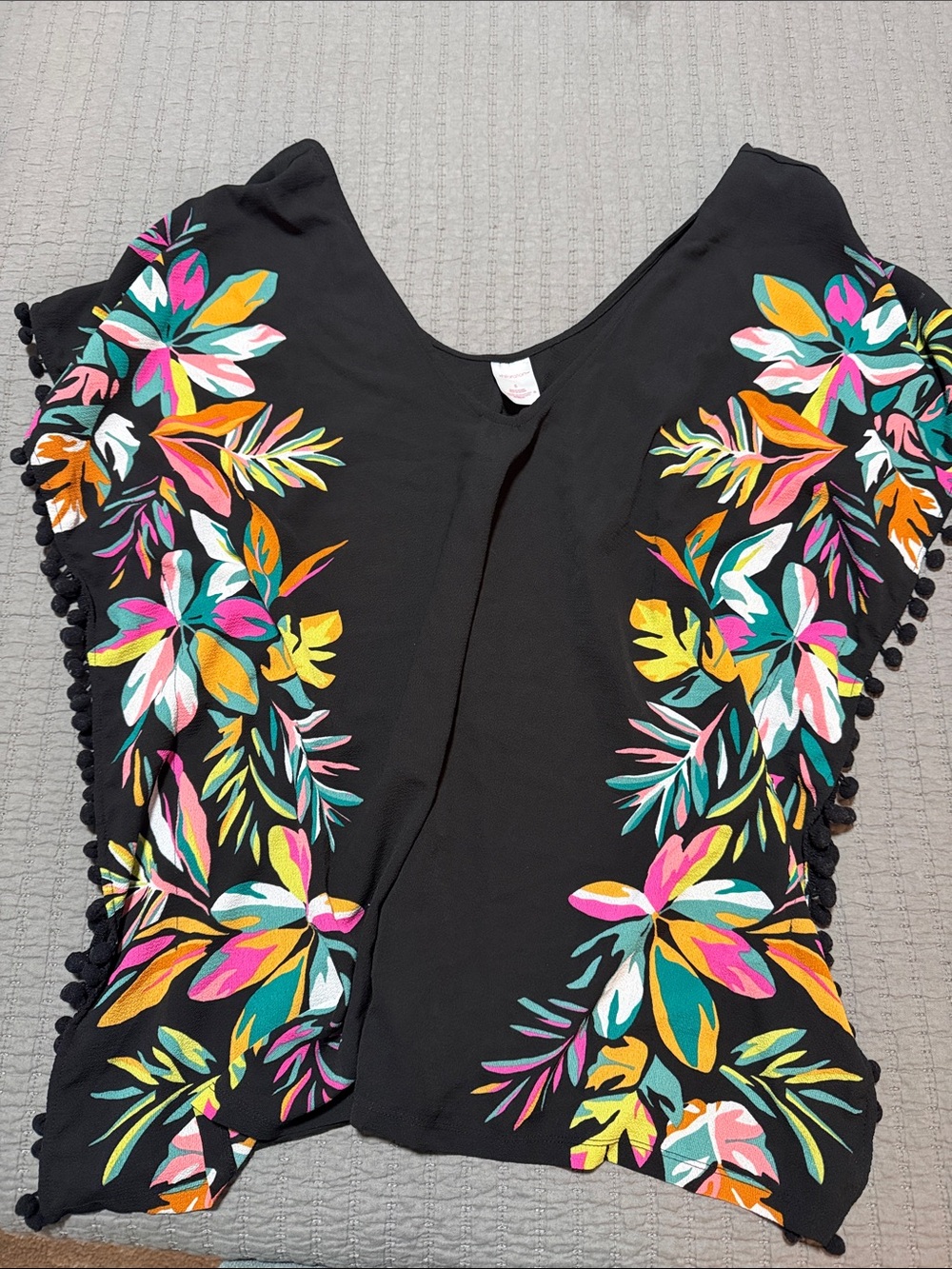 Black Floral Embroidered V-Neck Tunic/Cover Up
